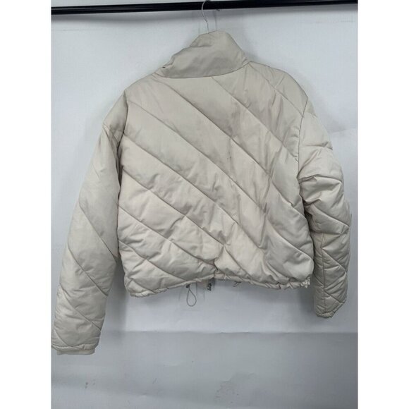 Zara Puffer Jacket Women Medium Beige Cropped Preppy Minimalist Full‎ Zip - Picture 2 of 13